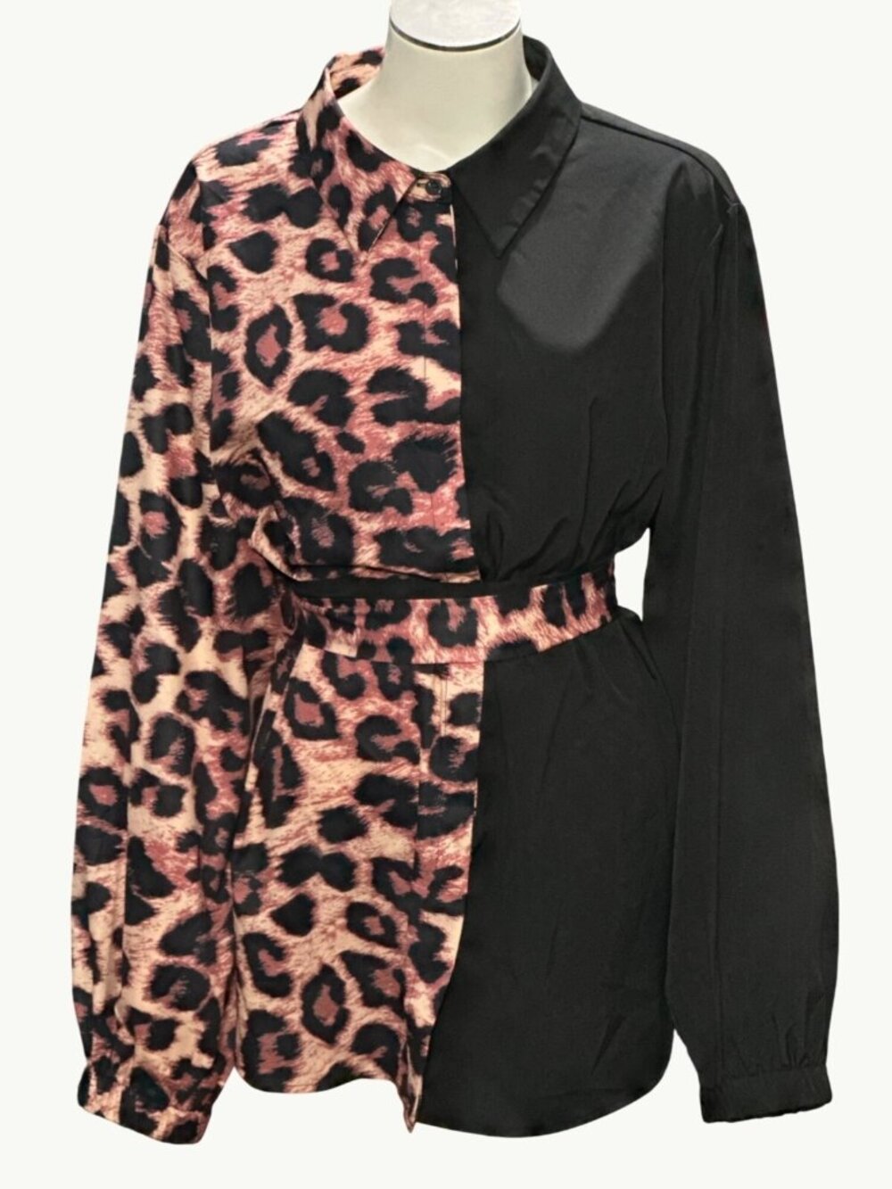 Colorblock Leopard Print Long Sleeve Blouse 3XL Belted Asymmetrical Style Trendy